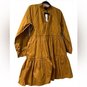 J Crew Gold Ruffle V Neck Tiered Cotton Lined Mini Dress NWT Size small